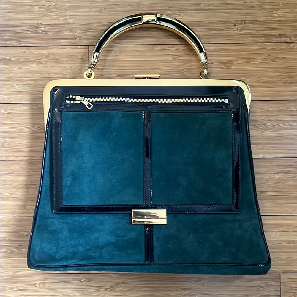 Balmain X H&M Green and Gold Structured Satchel with Metallic Handle